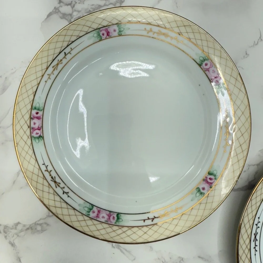 Vintage Nippon‎ Hand Painted Rose Lattice Porcelain Salad Plates 5 Gold Gilding